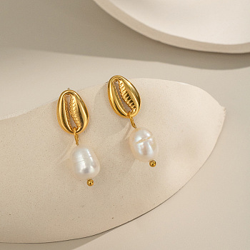 Stainless Steel Freshwater Pearl Shell Shape Dangle Stud Earrings, Real 18K Gold Plated, 26.7x8.5mm