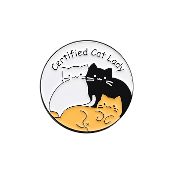 Cat Black Alloy Brooches, Enamel Pins for Women, Round, 30mm