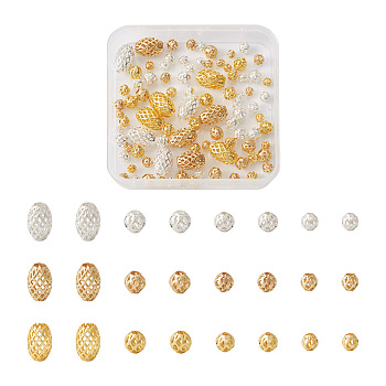 105Pcs 12 Styles Brass Hollow Beads, Long-Lasting Plated, Round & Oval, Mixed Color, 4~6mm