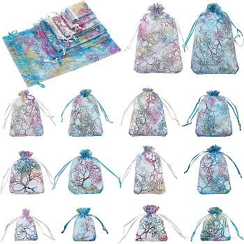 Organza Gift Bags, Drawstring Bags, with Colorful Coral Pattern, Rectangle, Mixed Color, 70pcs/set