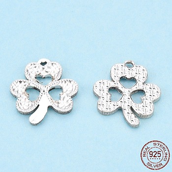 925 Sterling Silver Charms, Clover, Silver, 13.5x12.5x1.5mm, Hole: 1mm
