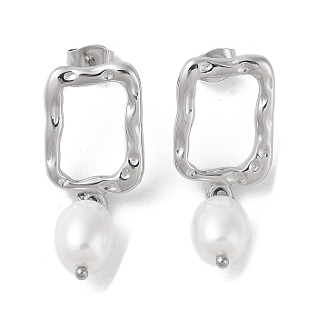 304 Stainless Steel Plastic Bead Stud Earrings, Rectangle, Stainless Steel Color, 34.5x13.3mm