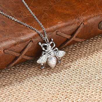 304 Stainless Steel & Plastic Pearl Bees Pendant Cable Chain Necklaces, Ion Plating(IP), Stainless Steel Color, 15.94 inch(40.5cm)