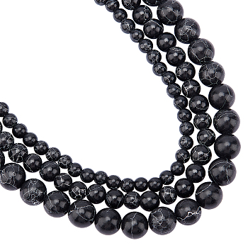3 Sstrands 3 Style Synthetic Turquoise Beads Strands, Dyed, Round, Black, 4mm/6mm/8mm, Hole: 0.8~1.4mm, 1strand/style