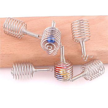 Iron & Alloy Spiral Bead Cage Pendants, Bottle Charm, Platinum, 33.9x15.9mm, Inner Diameter: 5~10mm