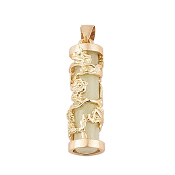Synthetic Luminous Stone Column Pendants, Golden Plated Alloy Gragon Wrapped Charms, Dark Khaki, 35.5x10.5mm, Hole: 6x4.5mm