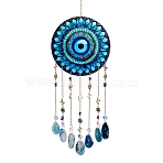 Acrylic Blue Evil Eye Hanging Suncatchers, with Agate Slices Pendants & Iron Chain for Outdoor & Garden Decor, Golden, 540mm(HJEW-F023-01)