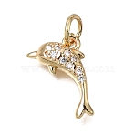 Brass Micro Pave Clear Cubic Zirconia Charms, Dolphin Shape Charms, Rack Plating, Long-Lasting Plated, Golden, 12x13x3mm, Hole: 2.5mm(KK-D110-08A-G)