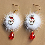 Pompon with Teardrop Alloy Rhinestone Dangle Earrings, with Enamel & Glass & Polyester, Golden, Santa Claus, 65mm(FS-WG013CB-01)