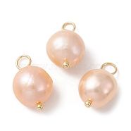 Natural Freshwater Pearl Pendants, Potato Charms with Golden Plated Brass Loops, PeachPuff, 16~17x8~9x8~8.5mm, Hole: 2.5~3mm(PALLOY-JF02153-03)
