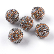 Handmade Indonesia Beads, with Metal Findings, Antique Silver Color Plated, Round, Orange, 20~21x20mm, Hole: 1.8~2mm(IPDL-P003-11A)