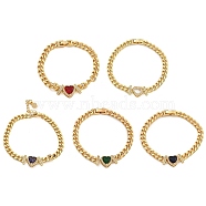 Brass Micro Pave Cubic Zirconia Bracelets, with Glass, Real 18K Gold Plated, Heart, Mixed Color, 6-1/2~7-1/4 inch(16.5~18.5cm)(BJEW-K261-03G)