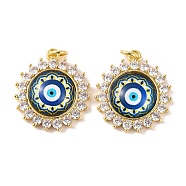 Rack Plating Brass Micro Pave Cubic Zirconia Pendants, with Glass, Long-Lasting Plated, Flower with Evil Eye, with Jump Ring, Real 18K Gold Plated, Prussian Blue, 23x20x5mm(KK-H486-21G-04)