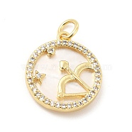 Brass Clear Cubic Zirconia with Shell Pendants, Flat Round Charms with Constellation Pattern, Golden, Sagittarius, 17x15x3mm, Hole: 3mm(KK-G450-02G-12)