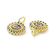 Brass Micro Pave Colorful Cubic Zirconia Charms, with Jump Ring, Flower with Eye, Real 18K Gold Plated, 12x11.5x2mm, Hole: 3.2mm(KK-E068-VF076)