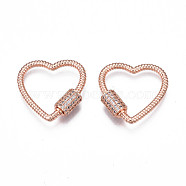 Brass Micro Pave Clear Cubic Zirconia Screw Carabiner Lock Charms, for Keychain Making, Heart, Rose Gold, 24x23~24x6mm, Column: 8x6mm(ZIRC-T004-99RG)