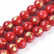 Natural Mashan Jade Beads Strands, with Gold Foil, Dyed, Round, Red, 6mm, Hole: 1mm, about 70pcs/strand, 15.75 inch(40cm)(G-F670-A14-6mm)