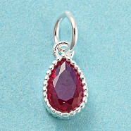 925 Sterling Silver Charms, with Cubic Zirconia, Faceted Teardrop, Silver, Medium Violet Red, 8.5x5x3mm, Hole: 3mm(STER-G035-01B-01)