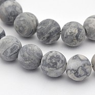 Natural Map Stone/Picasso Stone/Picasso Jasper Beads Strands, Round, Frosted, Dark Gray, 8mm, Hole: 1mm, about 48pcs/strand, 15.3 inch(X-G-D657-8mm)