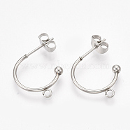 Non-Tarnish 304 Stainless Steel Stud Earring Findings, Half Hoop Earrings, with Loop and Ear Nuts/Earring Backs, Stainless Steel Color, 18x19x3mm, Hole: 1.6mm, Pin: 0.8mm(STAS-T047-21)