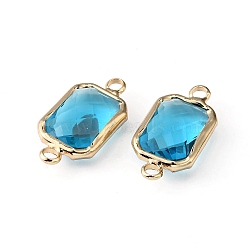 Glass Connector Charms, with Golden Plated Brass Findings, Faceted, Rectangle Links, Deep Sky Blue, 10.5x20.5x5mm, Hole: 2mm(GLAA-WH0036-16B)