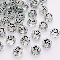Transparent Clear Acrylic Beads, with Glitter Powder, Flat Round with Black Moon & Heart & Flower & Star, 7x3.5mm, Hole: 1.5mm(X-TACR-Q102-001)