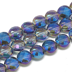Electroplate Glass Beads Strands, Rainbow Plated, Faceted, Flat Round, Royal Blue, 8x5mm, Hole: 1.2mm, about 69~72pcs/strand, 21.26 inch(EGLA-Q098-A01)