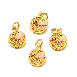 Alloy Enamel Charms, with Jump Ring, Lead Free & Cadmium Free, Flat Round with Fish & Flower Charm, Matte Gold Color, 14x11x3mm, Hole: 3mm, Jump Ring: 5.5x1mm(ENAM-K067-71MG)