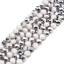 Electroplate Opaque Glass Beads Strands, Half Silver Plated, Faceted, Rondelle, WhiteSmoke, 4x3mm, Hole: 0.4mm, about 123~127pcs/strand, 16.5~16.9 inch(42~43cm)(EGLA-A034-P4mm-M20)