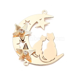 Brass Connector Charms with Crystal Rhinestone, Moon with Cat, Light Gold, 41x35x4mm, Hole: 1.6mm(KK-H454-16KCG)