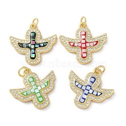 Brass Micro Pave Cubic Zirconia Pendants, with Enamel, Shell and Jump Ring, Real 18K Gold Plated,  Wing with Cross, Mixed Color, 20x21.5x3mm, Hole: 3.6mm(KK-C045-21G)