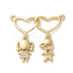 Brass Pave Cubic Zirconia Pendants, 2-Heart with Boy and Girl, Real 16K Gold Plated, 25x27.5x2.5mm, Hole: 1.2mm(X-KK-M287-04G-C)