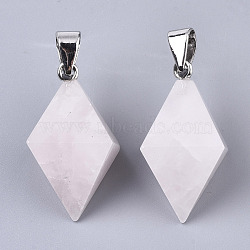 Natural Rose Quartz Double Terminated Pointed Pendants, with Platinum Plated Iron Pinch Bail, Bicone, 27~30x19~20x19~20mm, Hole: 7x4mm(X-G-S359-093C)
