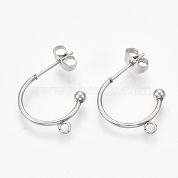 Non-Tarnish 304 Stainless Steel Stud Earring Findings, Half Hoop Earrings, with Loop and Ear Nuts/Earring Backs, Stainless Steel Color, 18x19x3mm, Hole: 1.6mm, Pin: 0.8mm(STAS-T047-21)