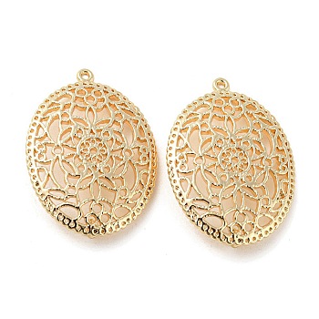 Rack Plating Brass Links Connector Charms, Hollow Oval with Flower Pattern, Real 18K Gold Plated, 27.5x20x1mm, Hole: 1mm