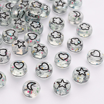 Transparent Clear Acrylic Beads, with Glitter Powder, Flat Round with Black Moon & Heart & Flower & Star, 7x3.5mm, Hole: 1.5mm
