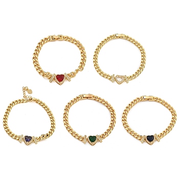 Brass Micro Pave Cubic Zirconia Bracelets, with Glass, Real 18K Gold Plated, Heart, Mixed Color, 6-1/2~7-1/4 inch(16.5~18.5cm)