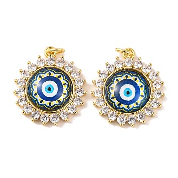 Rack Plating Brass Micro Pave Cubic Zirconia Pendants, with Glass, Long-Lasting Plated, Flower with Evil Eye, with Jump Ring, Real 18K Gold Plated, Prussian Blue, 23x20x5mm