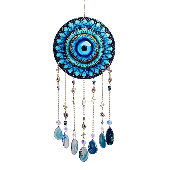 Acrylic Blue Evil Eye Hanging Suncatchers, with Agate Slices Pendants & Iron Chain for Outdoor & Garden Decor, Golden, 540mm