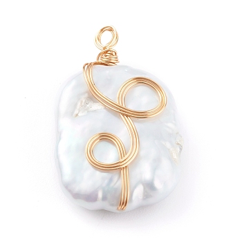 Natural Baroque Pearl Keshi Pearl Pendants, with Copper Wire, Nuggets, Light Gold, 26x16x6.5mm, Hole: 1.5mm