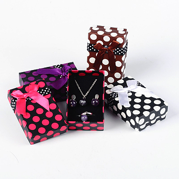 Valentines Day Presents Packages Rectangle Polka Dot Printed Cardboard Jewelry Boxes, Sponge inside, with Bowknot, Mixed Color, 80x50x27mm