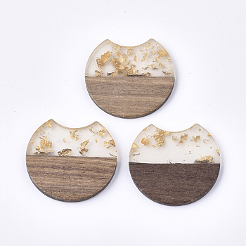 Resin & Walnut Wood Pendants, with Silver Foil, Gap Flat Round, Gold, 23x24.5x3.5mm, Hole: 2mm