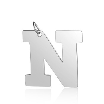 201 Stainless Steel Pendants, Letter, Stainless Steel Color, Letter.N, 30x30.5x1.5mm, Hole: 4.5mm