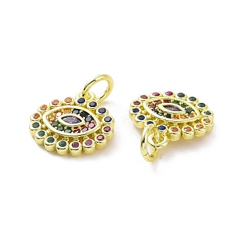 Brass Micro Pave Colorful Cubic Zirconia Charms, with Jump Ring, Flower with Eye, Real 18K Gold Plated, 12x11.5x2mm, Hole: 3.2mm