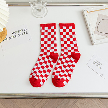 Polyester Knitting Socks, Tartan Pattern Crew Socks, Winter Warm Thermal Socks, Crimson, 350x130x7mm