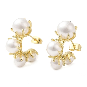 Rack Plating Brass Flower Stud Earrings, ABS Plastic Imitation Pearl Beaded Half Hoop Earrings, Real 16K Gold Plated, 24~25x12mm