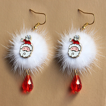Pompon with Teardrop Alloy Rhinestone Dangle Earrings, with Enamel & Glass & Polyester, Golden, Santa Claus, 65mm
