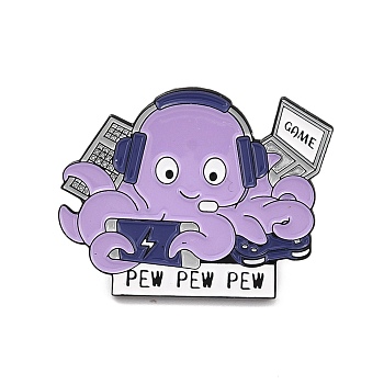 Game Pew Pew Pew Word Enamel Pin, Octopus Play Computer Alloy Enamel Brooch for Backpack Clothes, Electrophoresis Black, Lilac, 23x30.5x10.5mm, Pin: 1mm