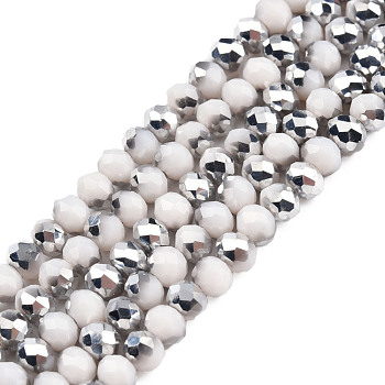 Electroplate Opaque Glass Beads Strands, Half Silver Plated, Faceted, Rondelle, WhiteSmoke, 4x3mm, Hole: 0.4mm, about 123~127pcs/strand, 16.5~16.9 inch(42~43cm)