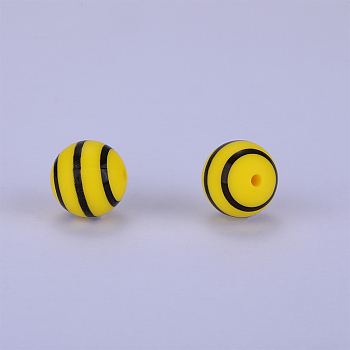 Printed Round with Stripe Pattern Silicone Focal Beads, Yellow, 15x15mm, Hole: 2mm